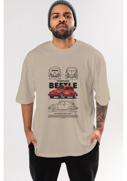 Volkswagen Beetle Ön Baskılı Oversize T-Shirt Erkek Kadın Unisex Pamuk Bisiklet Yaka Tişort