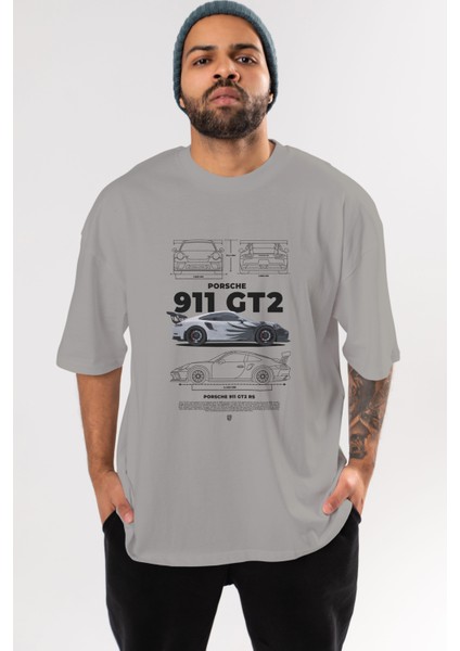 Porsche 911 Gt2 Rs 3 Ön Baskılı Oversize T-Shirt Erkek Kadın Unisex Pamuk Bisiklet Yaka Tişort