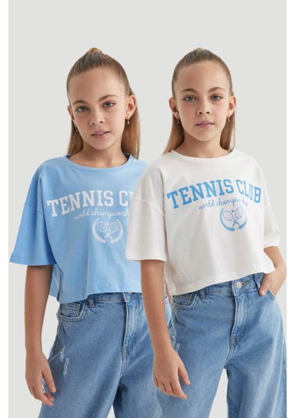 Kız Çocuk Crop Bisiklet Yaka 2li Kısa Kollu Tişört B7795A8NS