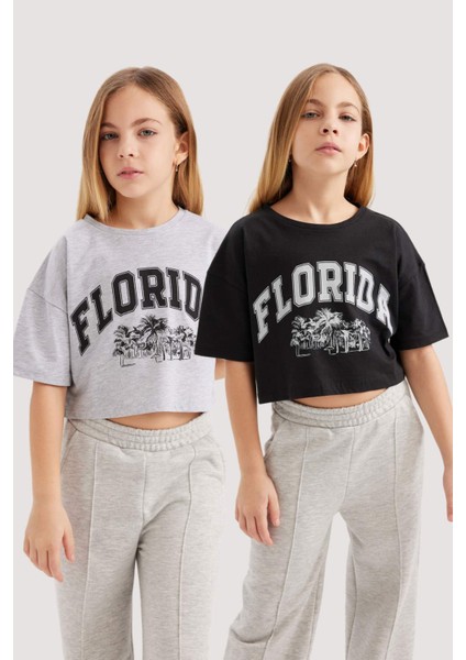 Kız Çocuk Crop Bisiklet Yaka 2li Kısa Kollu TIŞÖRT B7795A8NS