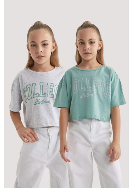 Kız Çocuk Crop Bisiklet Yaka 2li Kısa Kollu Tişört B7795A8NS