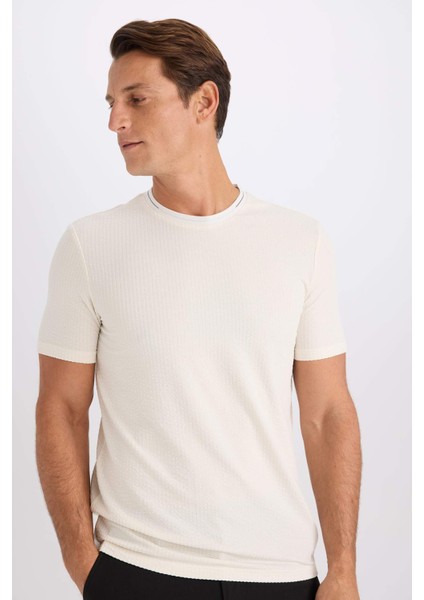 Slim Fit Dar Kesim Bisiklet Yaka Krinkıl Kısa Kollu Tişört D7225AX25SP