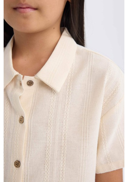 Kız Çocuk Cropped Fit Keten Kısa Kollu Gömlek D9142A825SM indirimleri