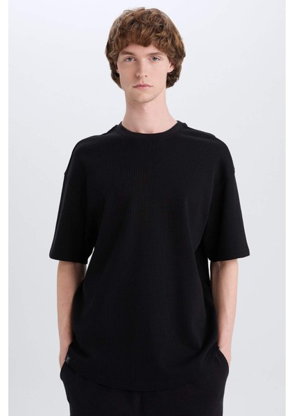 Boxy Fit Bisiklet Yaka Kısa Kollu Basic Düz Waffle Tişört B4443AX25SP