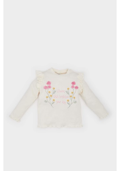 Kız Bebek Bisiklet Yaka Çiçekli Fitilli Kaşkorse Uzun Kollu Tişört D9328A525SP
