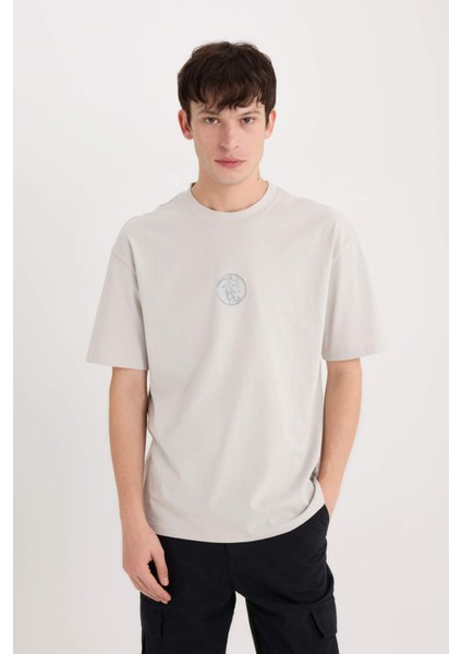 %100 Pamuk Boxy Fit Bisiklet Yaka Sırt Baskılı Kısa Kollu Tişört D9342AX25SP modelleri