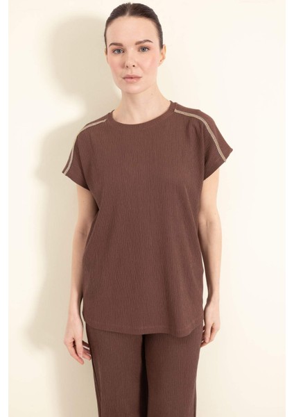 Regular Fit Bisiklet Yaka Bürümcük Kısa Kollu Tişört E1639AX25SP