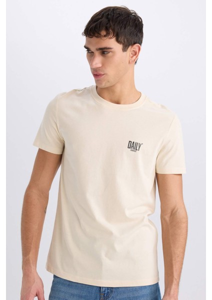 %100 Pamuk Slim Fit Dar Kesim Bisiklet Yaka Baskılı Kısa Kollu Tişört C2078AX25SM