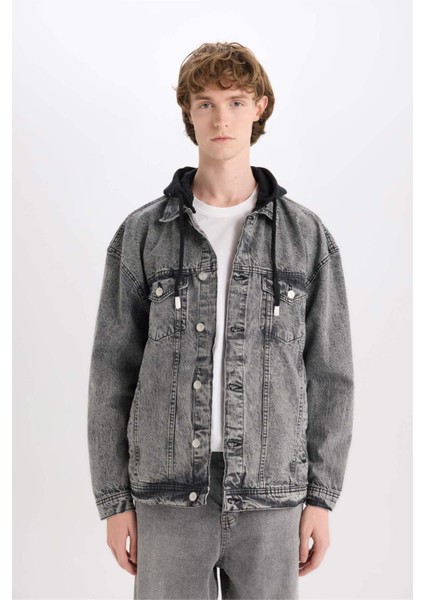 %100 Pamuk Oversize Geniş Kalıp Kapüşonlu Düğmeli Mevsimlik Baharlık Jean Ceket D0416AX25SP