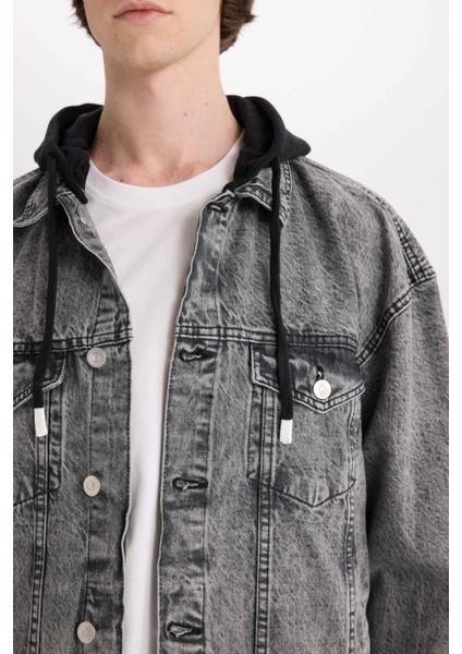 %100 Pamuk Oversize Geniş Kalıp Kapüşonlu Düğmeli Mevsimlik Baharlık Jean Ceket D0416AX25SP