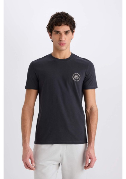 %100 Pamuk Slim Fit Dar Kesim Bisiklet Yaka Baskılı Kısa Kollu Tişört C2079AX25SM