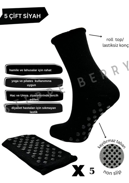 5'li Siyah Lastiksiz Kaydırmaz Taban Hac Umre Tavaf Çorabı