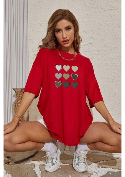 Kadın Kalp Baskılı T-Shirt Oversize Salaş