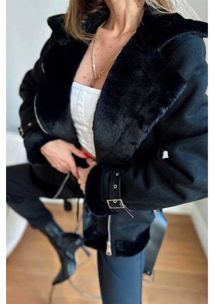 Kadın Içi Ipek Kürklü Siyah Süet Biker Mont modelleri