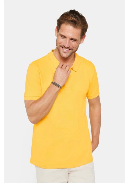 Erkek Slim Fit Dar Kesim Pamuk Sarı Polo Yaka Tişört