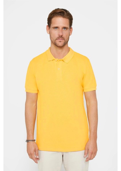 Erkek Slim Fit Dar Kesim Pamuk Sarı Polo Yaka Tişört modelleri