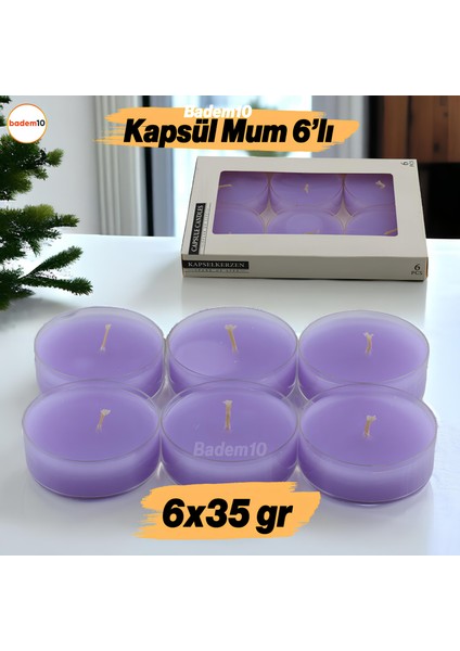 Tealight Kapsül Mum 6X35 gr Dekoratif Mumu Kandil Hediyelik Fitilli Mumluk Şamdan Mor Renk Kokulu