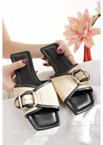 Kadın Günlük Terlik Siyah Örgü Hasır Örme Şık Yazlık Ev Plaj Tatil Iş Ofis Terliği fırsatları