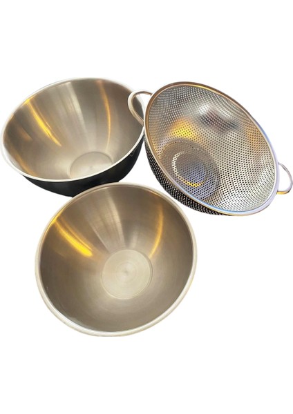 3'Lü Set Çelik Çırpma Karıştırma Kapları (20-24cm) + Çelik Süzgeç (25.5 cm)