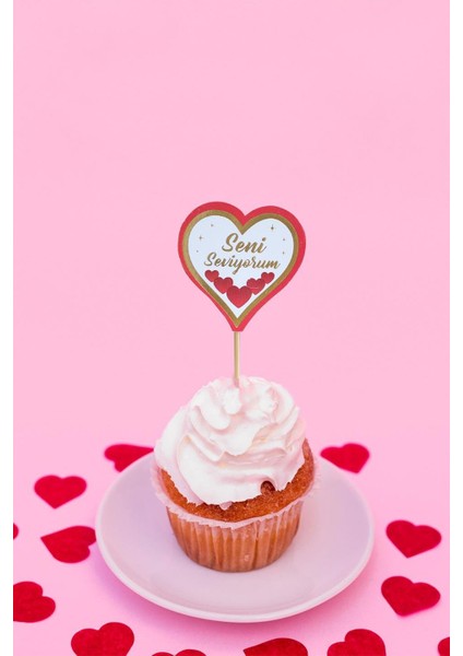 Seni Seviyorum Kalp kürdan Cupcake Kürdanı Pasta Süsü 10'lu