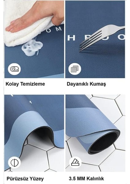 Concept Süper Su Emici Kaymaz Tabanlı Oval Banyo Paspası Diatom Banyo Lavabo Paspası Sihirli Su Emici Diyatom Paspas 60 x 39 cm (Mavi)