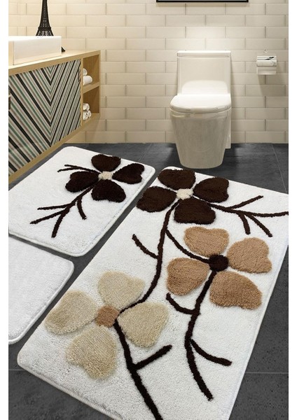 Kır Çiçeği Bej 3lü Set Klozet Takımı, Banyo Paspas Seti Halısı