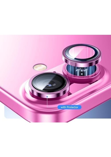 Trend iPhone 16 ve iPhone 16 Plus Uyumlu Kamera Camı Lens Koruyucu Halka Set - Pembe