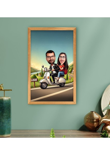 Kişiye Özel Motorcu Çift Karikatürlü Ahşap Çerçeveli Tablo-1 40 x 25 cm , Sevgililer Günü, Sevgiliye