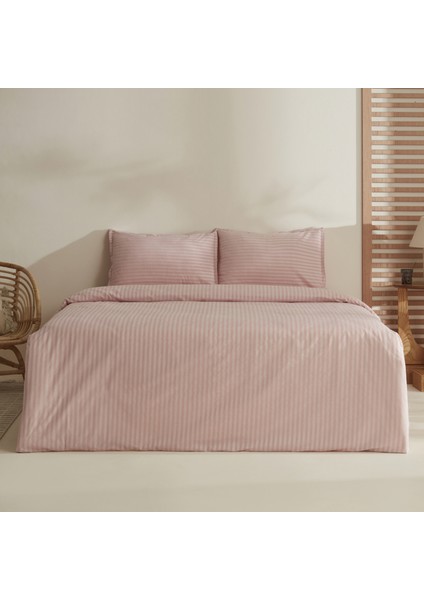 Josef Çizgili Saten Tek Kişilik Nevresim Takımı Pudra