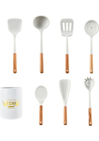 7 Parçalı Süt Beyaz Ahşap Saplı Silikon Mutfak Eşyası Seti Yapışmaz Pişirme Spatula Silikon Mutfak Eşyası Seti (Yurt Dışından)