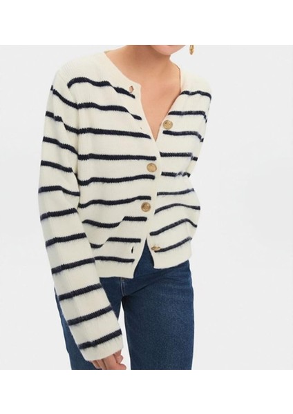 Gold Düğmeli Çizgili Triko Kadın Ceket / Hırka