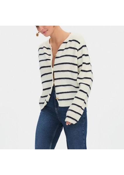 Gold Düğmeli Çizgili Triko Kadın Ceket / Hırka fiyatları