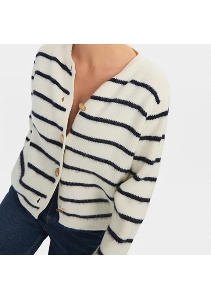 Gold Düğmeli Çizgili Triko Kadın Ceket / Hırka modelleri