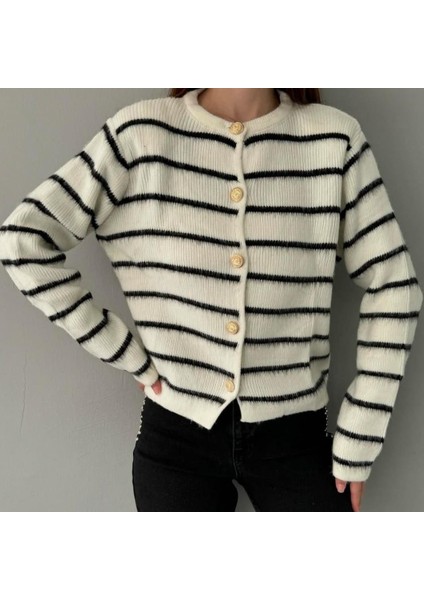 Gold Düğmeli Çizgili Triko Kadın Ceket / Hırka indirimleri