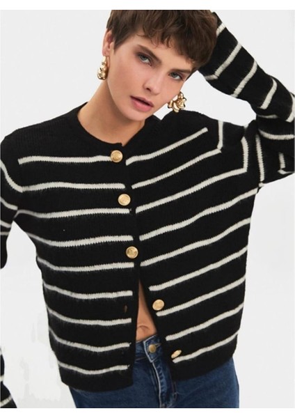 Gold Düğmeli Çizgili Triko Kadın Ceket / Hırka