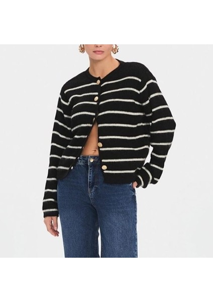 Gold Düğmeli Çizgili Triko Kadın Ceket / Hırka fırsatları