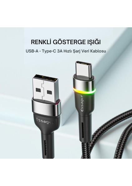 LED Işıklı 2 Metre 3A USB To Type-C Ultra Hızlı Şarj Kablosu Dayanıklı Renkli LED Işıklı Kablo