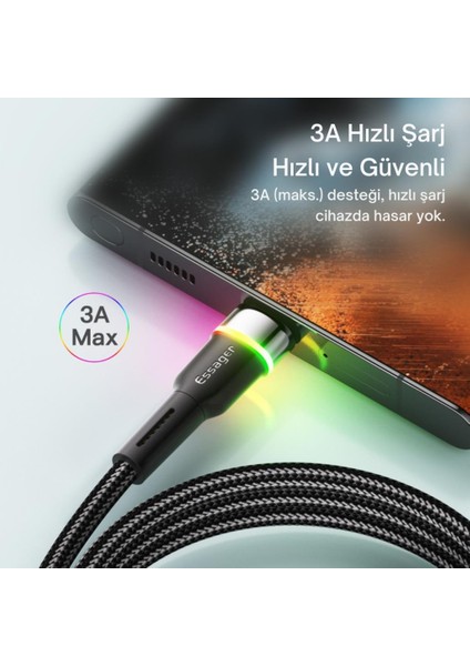 LED Işıklı 2 Metre 3A USB To Type-C Ultra Hızlı Şarj Kablosu Dayanıklı Renkli LED Işıklı Kablo