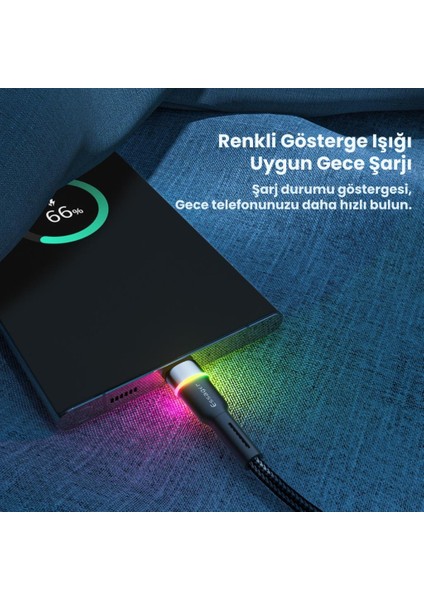 LED Işıklı 2 Metre 3A USB To Type-C Ultra Hızlı Şarj Kablosu Dayanıklı Renkli LED Işıklı Kablo