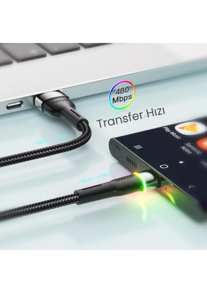 LED Işıklı 2 Metre 3A USB To Type-C Ultra Hızlı Şarj Kablosu Dayanıklı Renkli LED Işıklı Kablo