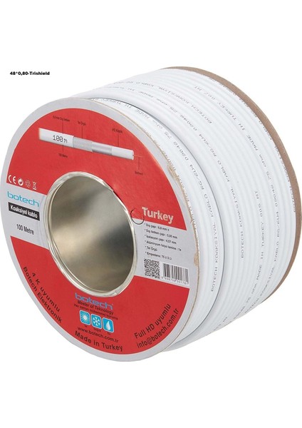 (1mt Fiyatı) Botech RG6U4 48 Tel 0,80MM Orta Damar Kaliteli Anten Kablosu