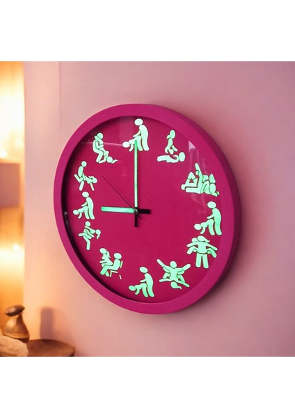 Seks Pozisyonları Fosforlu Pembe Duvar Saati 29 cm