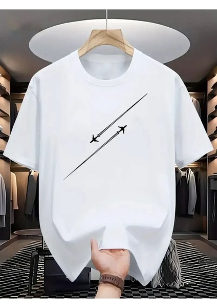 Erkek Uçak Grafiklı T-Shirt Yeni Sezon Oversize Salaş