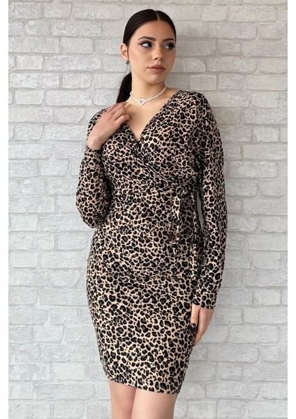 Leopar Desenli Kruvaze Yaka Süet Elbise