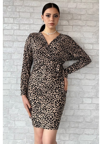 Leopar Desenli Kruvaze Yaka Süet Elbise