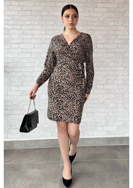Leopar Desenli Kruvaze Yaka Süet Elbise