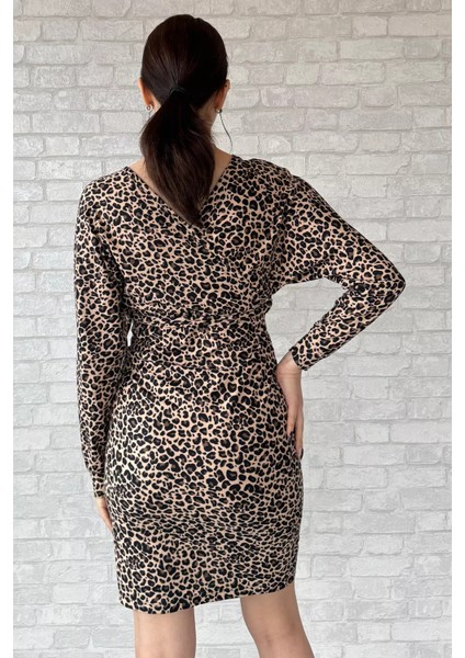 Leopar Desenli Kruvaze Yaka Süet Elbise