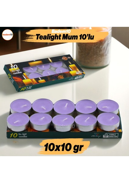 Tealight Mum 10X10 gr Dekoratif Mumu Kandil Hediyelik Fitilli Mumluk Şamdan Lila Renk Kokusuz