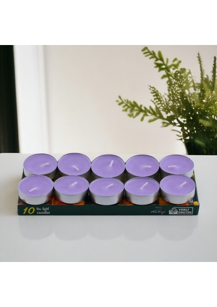 Tealight Mum 10X10 gr Dekoratif Mumu Kandil Hediyelik Fitilli Mumluk Şamdan Lila Renk Kokusuz fiyatları