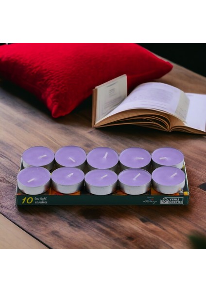 Tealight Mum 10X10 gr Dekoratif Mumu Kandil Hediyelik Fitilli Mumluk Şamdan Lila Renk Kokusuz modelleri